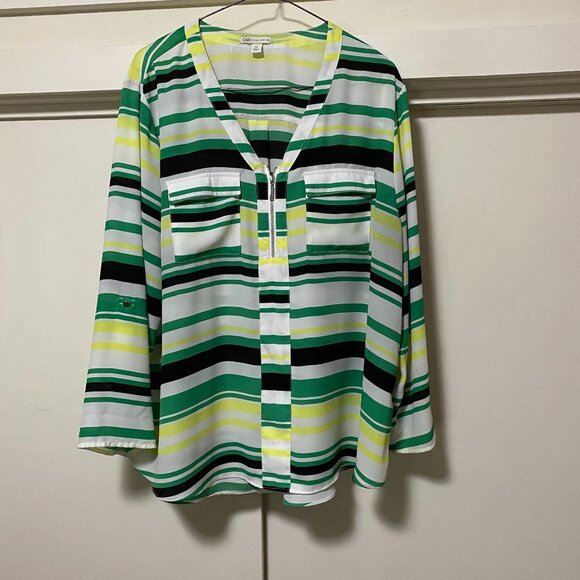 Cato long sleeve green, white, yellow & black striped tunic, size XL - Picture 1 of 12